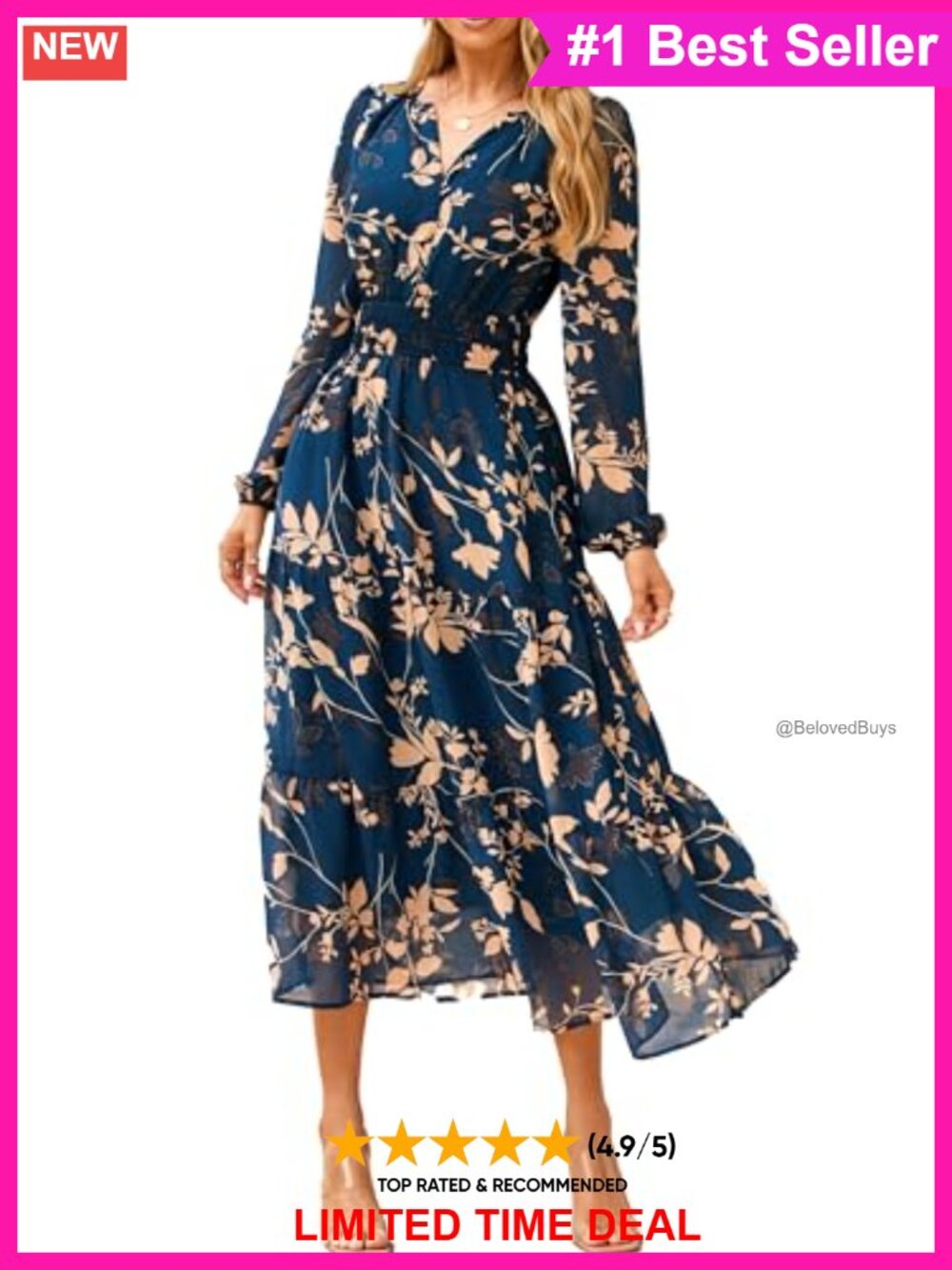 Floral Boho Long Sleeve Maxi Dress V Neck Empire Waist Swing Wedding Guest